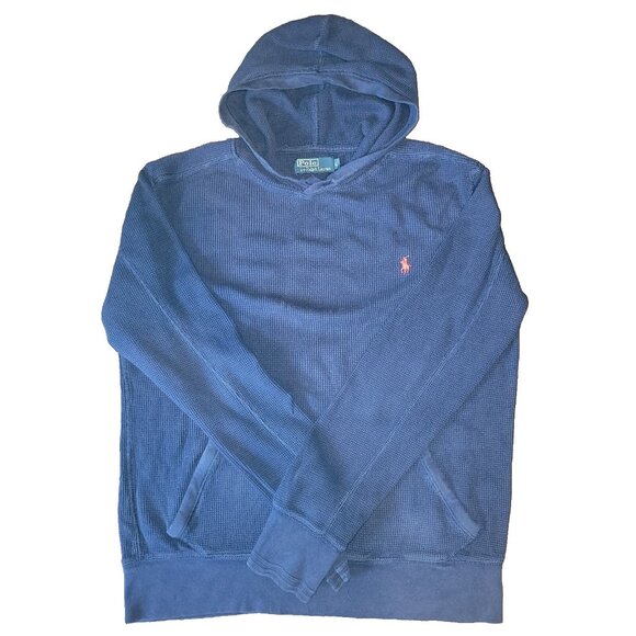Polo Ralph Lauren Hoodie Mens Large Thermal Navy Blue Hood Pockets LS - Picture 1 of 16
